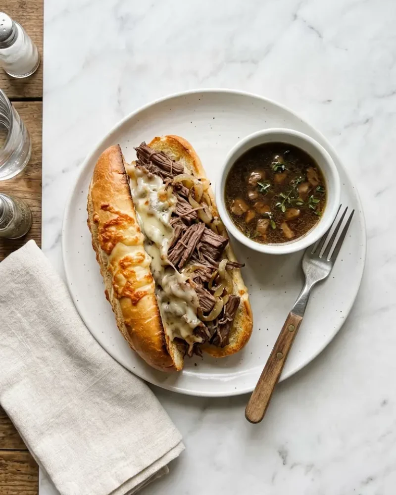 Overhead view of plated French dip sandwich with au jus and dipping fork