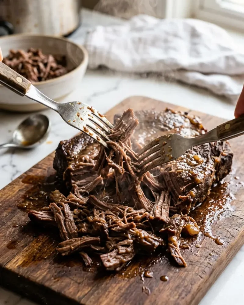Shredding beef with two forks during crockpot French dip preparation