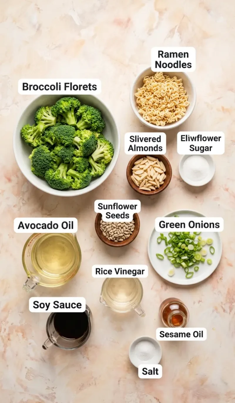all 11 ingredients for Crunchy Asian Ramen Noodle Salad arranged on a cream and blush plaster surface, each ingredient named