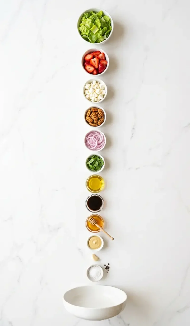 Exploded view of all 12 ingredients for crunchy strawberry romaine feta salad arranged vertically on white marble