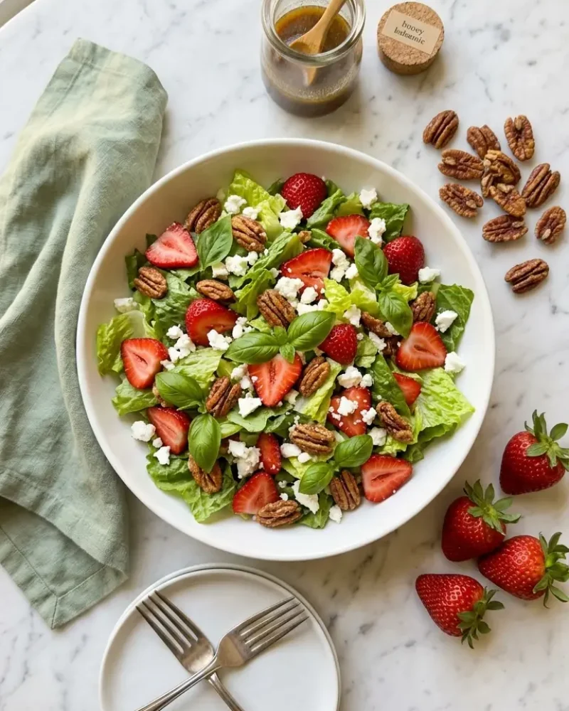 Overhead view of crunchy strawberry romaine feta salad in a white bowl with serving setting on marble