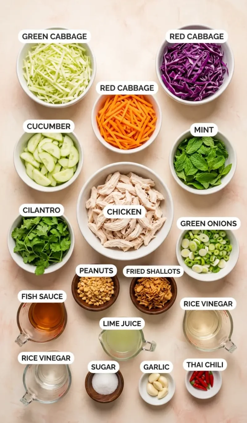 Labelled overhead flatlay of all 16 ingredients for crunchy Vietnamese chicken salad on a cream and blush plaster surface, each ingredient named