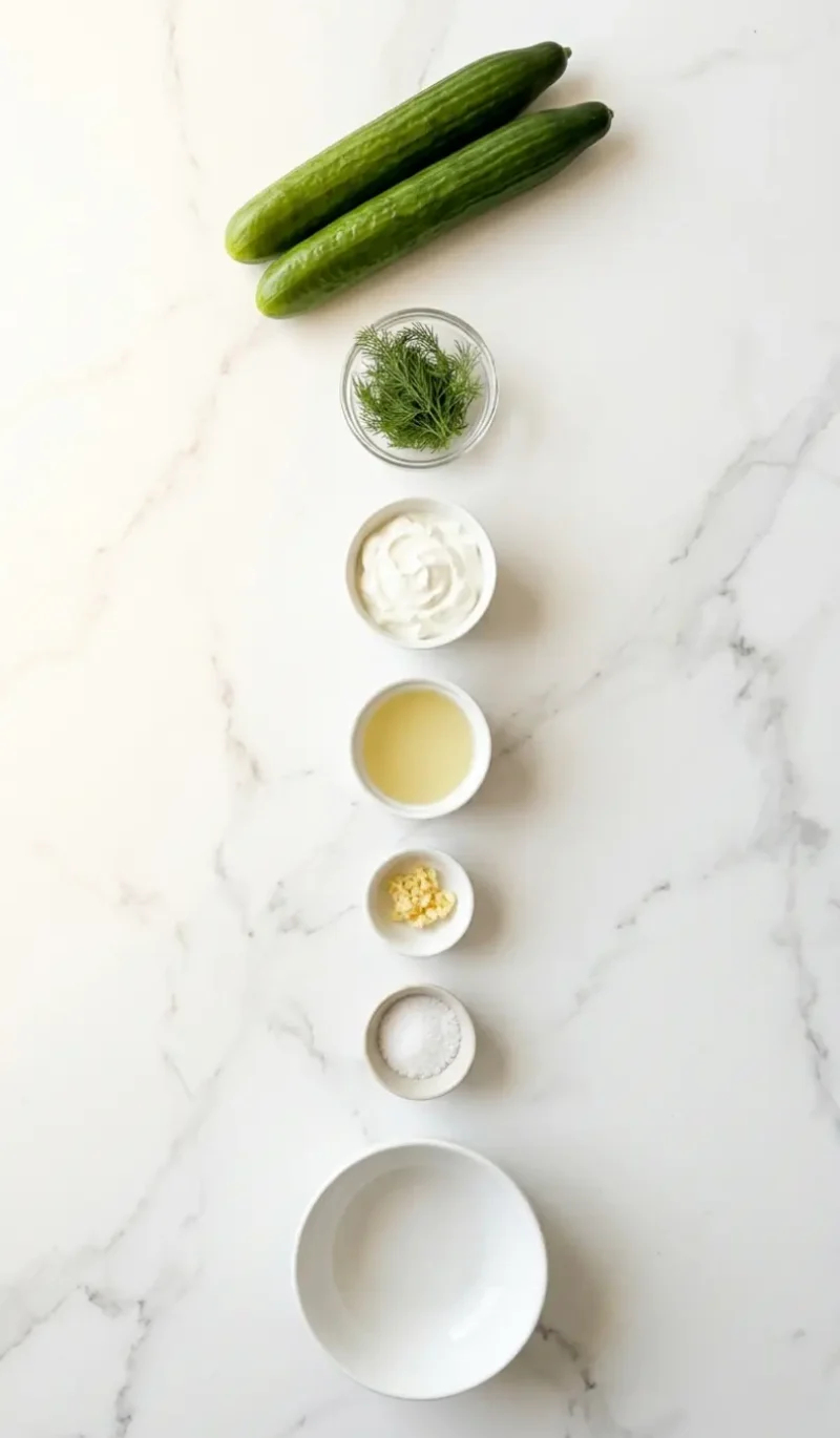 exploded view of all 7 ingredients for cucumber dill salad arranged vertically on white marble