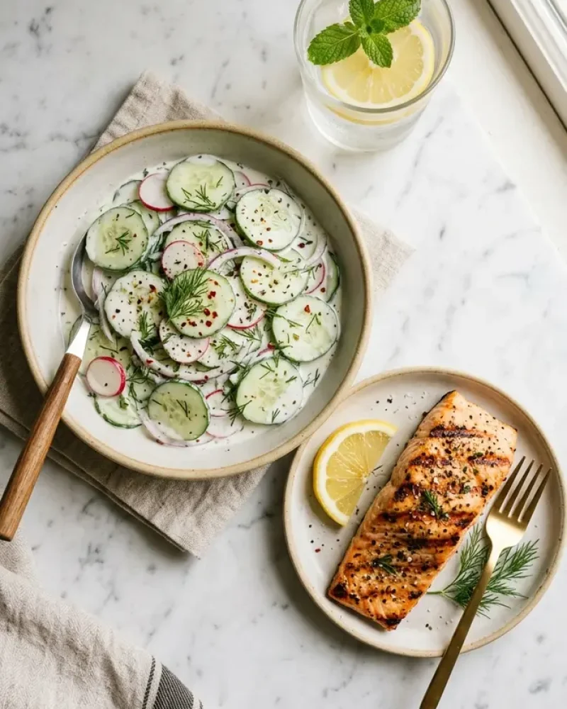 overhead view of creamy cucumber dill salad with grilled salmon and lemon water