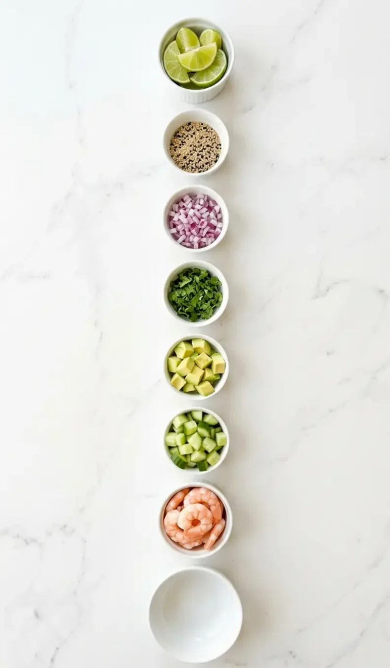 Exploded view of all 8 ingredients for cucumber shrimp salad arranged vertically on white marble