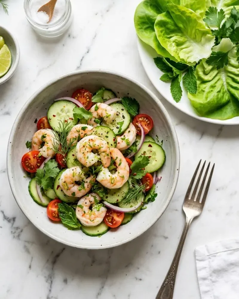 Overhead view of cucumber shrimp salad served in lettuce cups with a fresh lime wedge