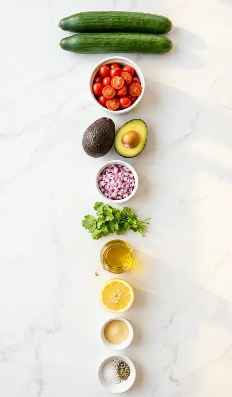 Exploded view of all 9 ingredients for cucumber tomato avocado salad arranged vertically on white marble