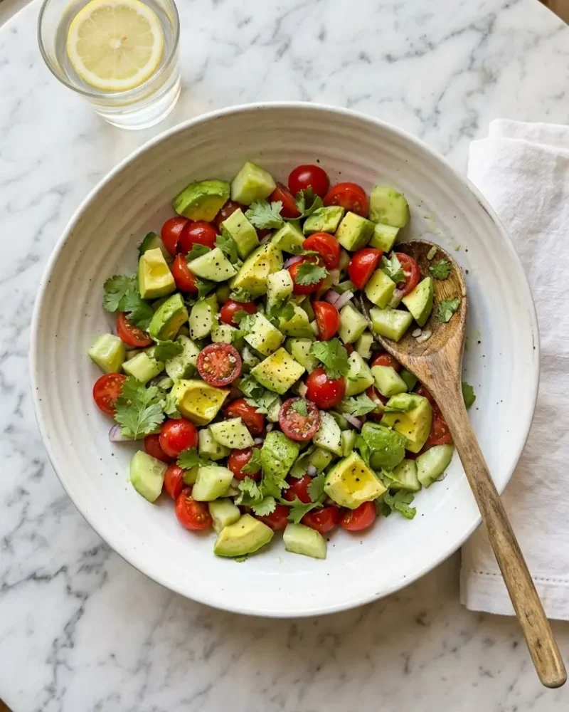 Overhead view of cucumber tomato avocado salad in white ceramic bowl with wooden serving spoon and linen napkin