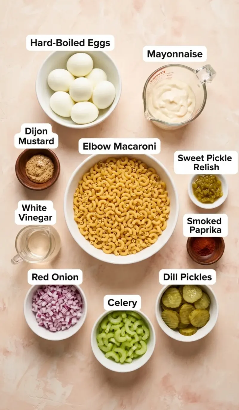 all 10 ingredients for deviled egg pasta salad arranged on a cream and blush plaster surface, each labelled