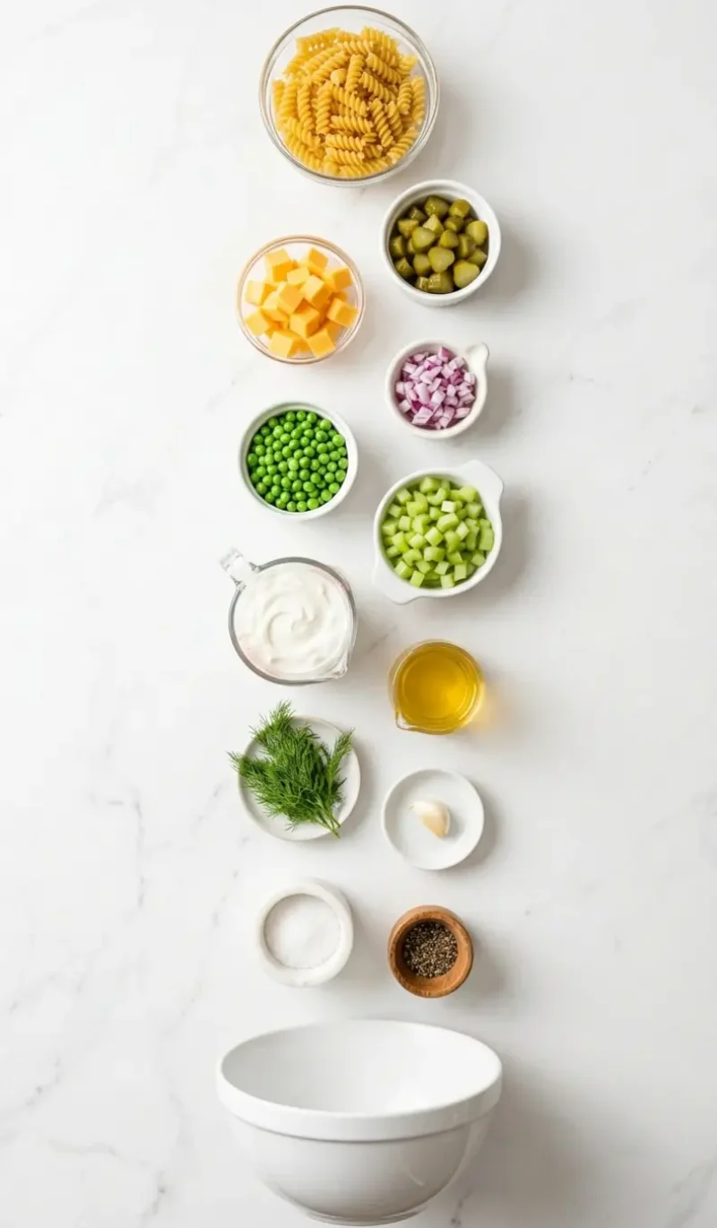 Exploded view of all 12 ingredients for dill pickle pasta salad arranged vertically on white marble