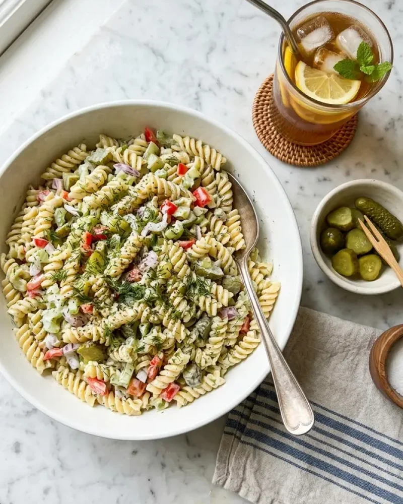 Overhead view of creamy dill pickle pasta salad on white marble with iced tea