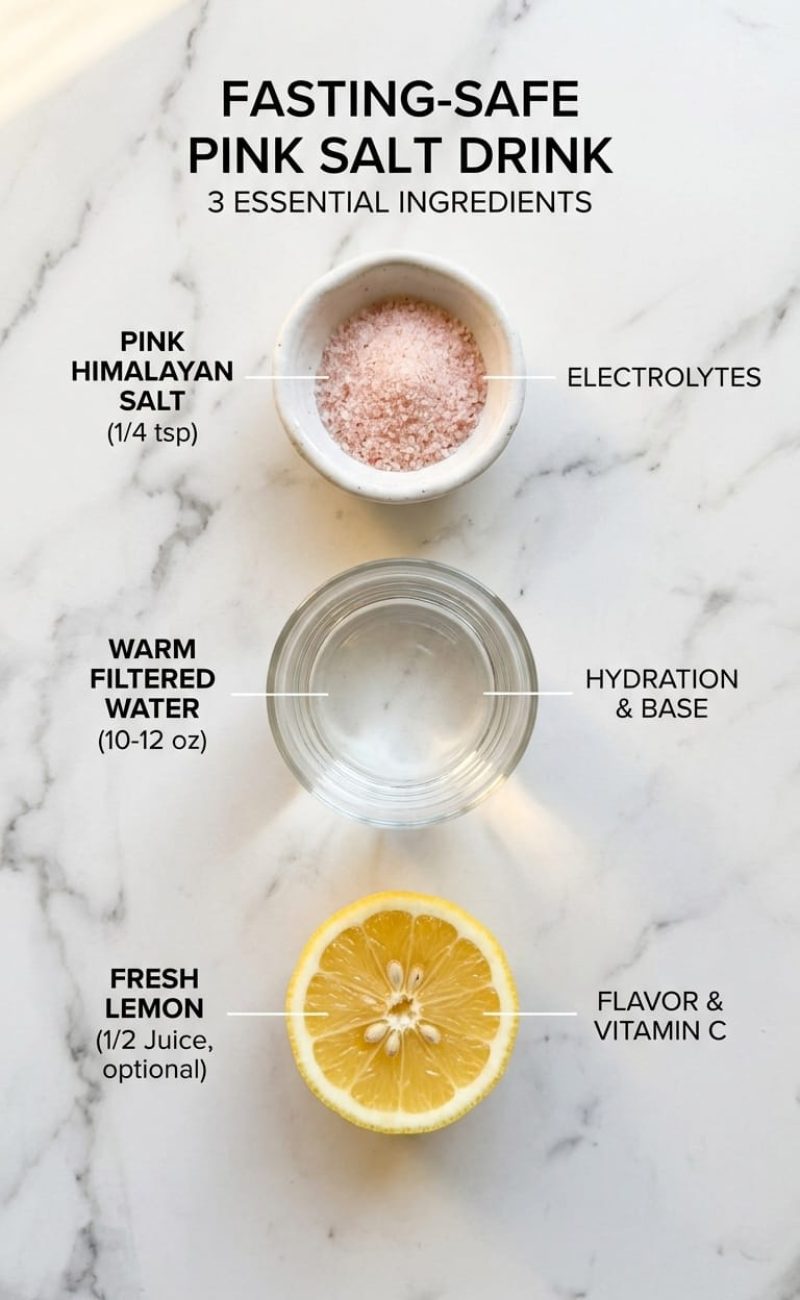 verhead flatlay of all pink salt fasting drink ingredients on white marble