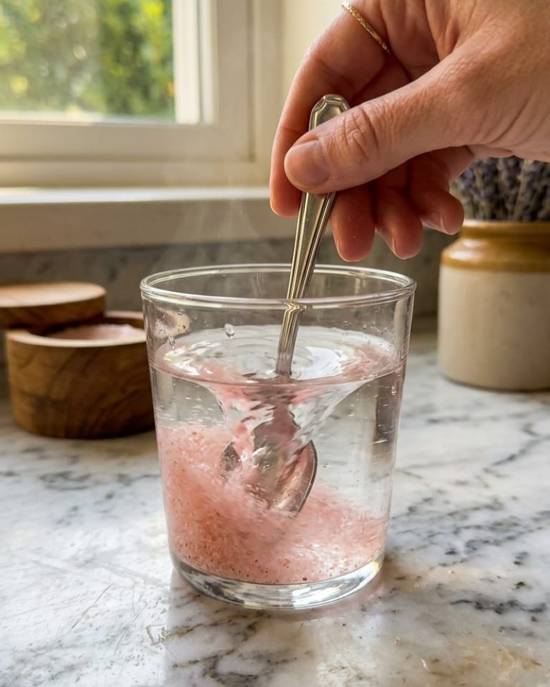 Stirring pink salt into warm water for fasting-safe morning drink