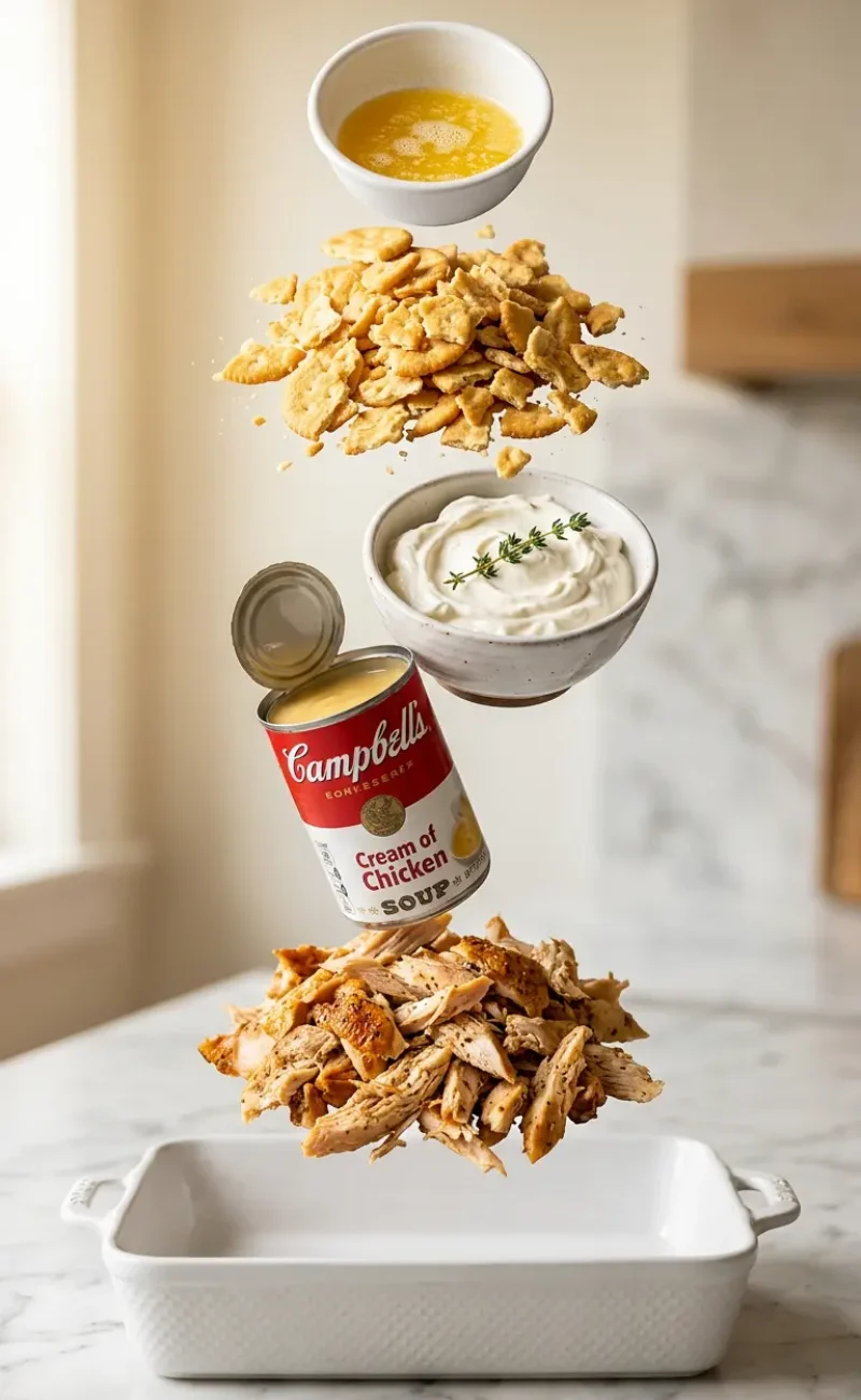 Exploded view of all five ingredients for Dolly Parton's casserole arranged vertically