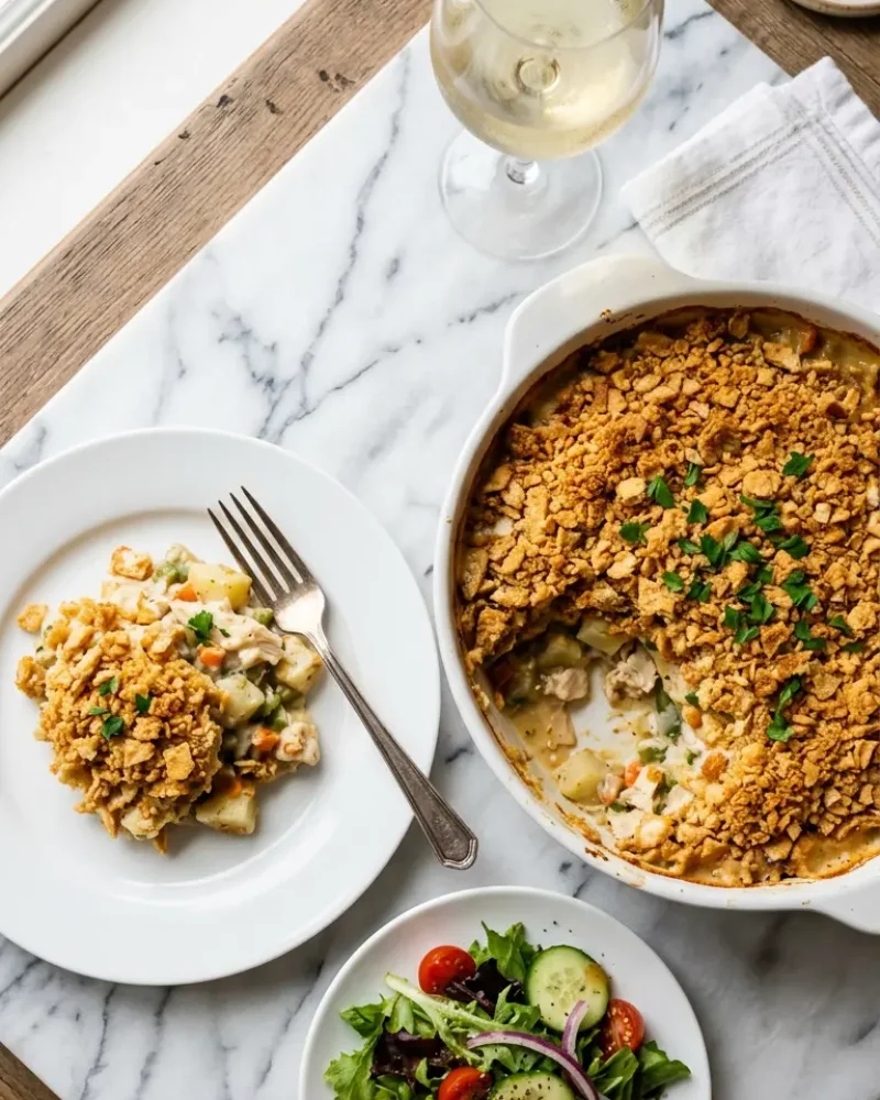 Overhead view of Dolly Parton's casserole with serving on white plate and side salad