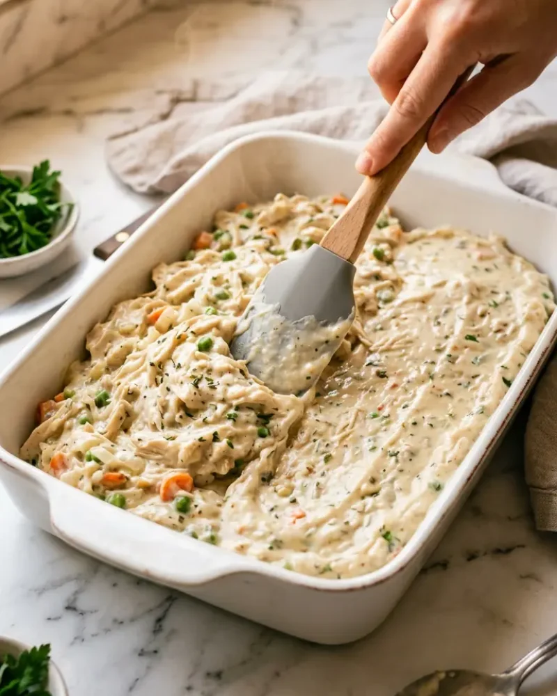 Spreading creamy chicken filling evenly into baking dish for Dolly Parton's casserole