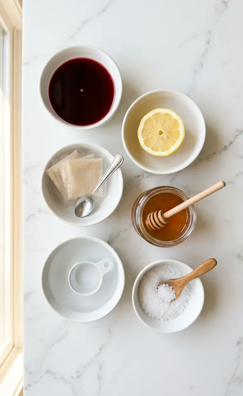 Overhead flatlay of all Dr Oz pink gelatin recipe ingredients in white bowls on white marble