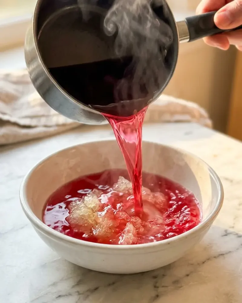 Hot tart cherry juice being poured over bloomed gelatin during Dr Oz pink gelatin recipe preparation