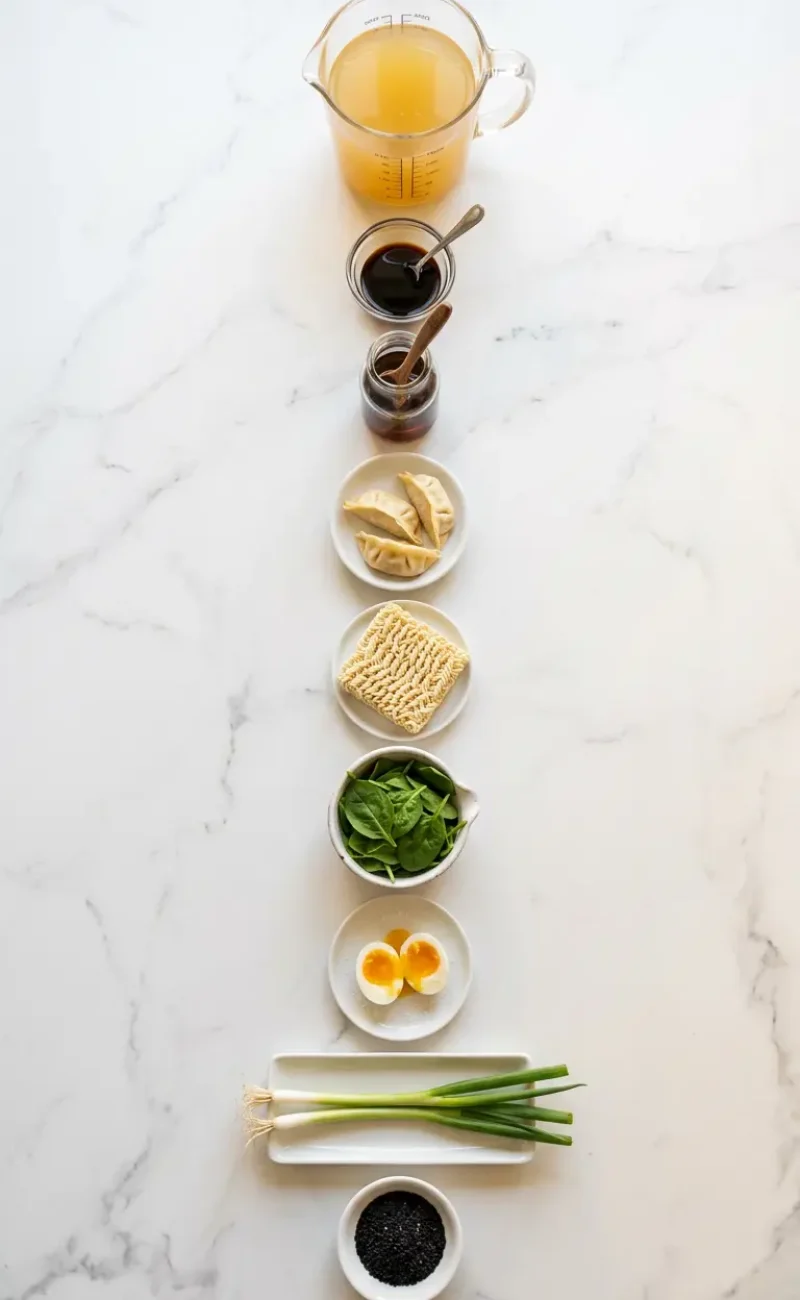 Exploded view of all 9 ingredients for dumpling ramen bowl arranged vertically on white marble