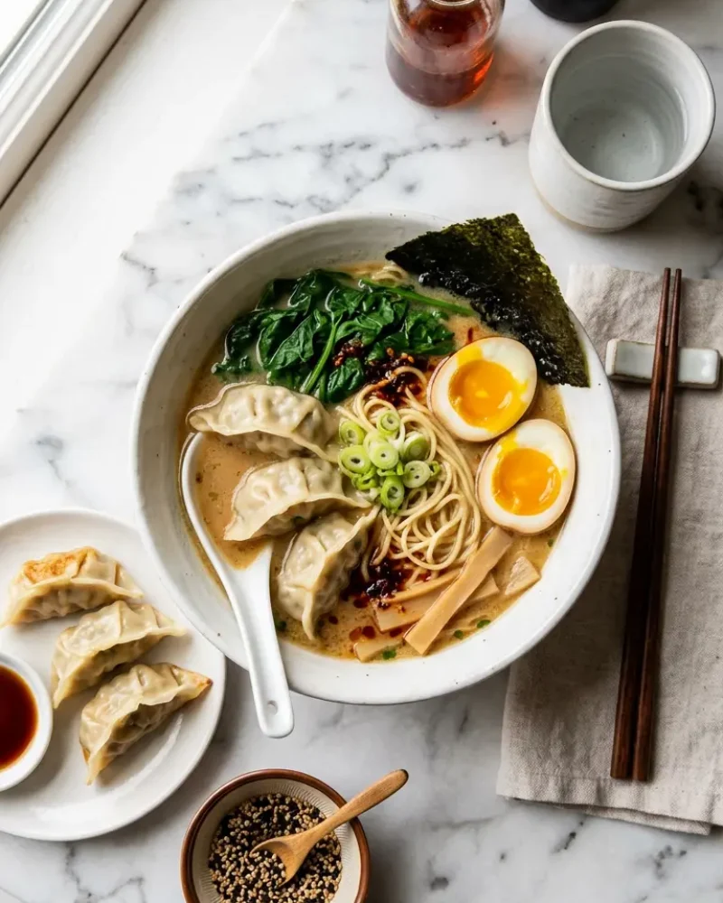 Overhead view of complete dumpling ramen bowl with chopsticks and serving utensils