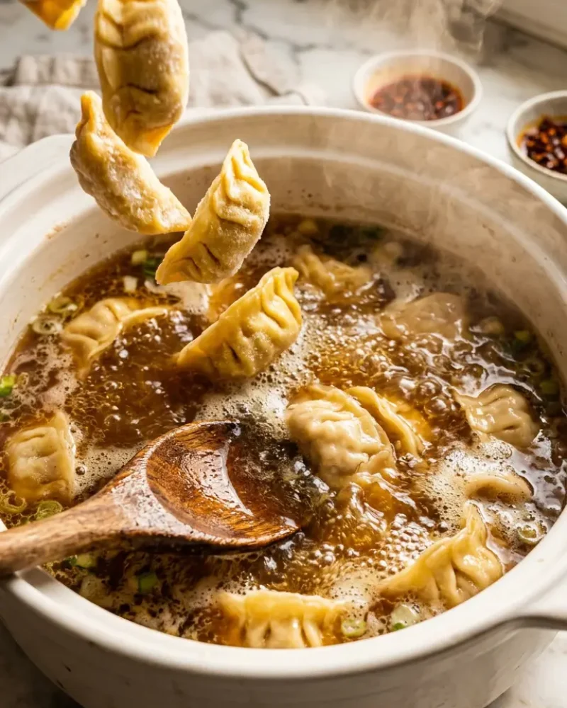 Frozen dumplings being added to simmering broth during ramen preparation