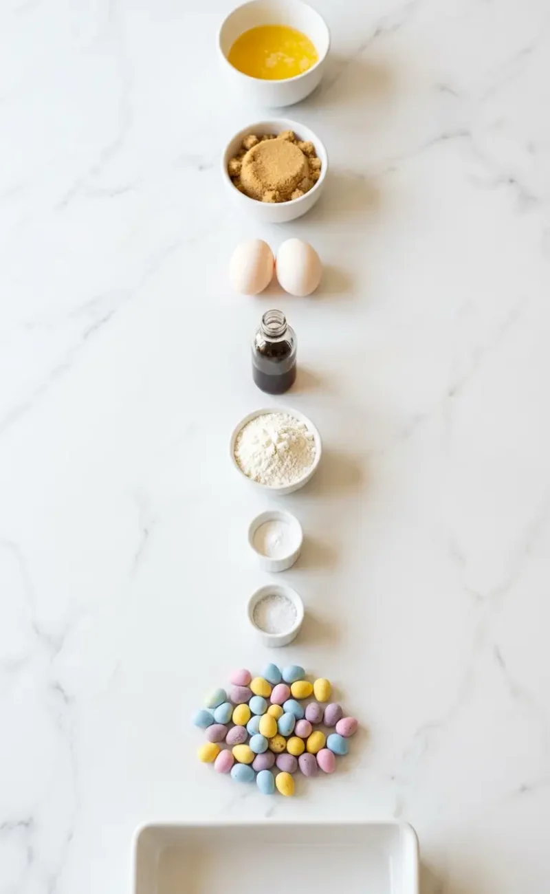 Exploded view of all 8 ingredients for Easter Cadbury Mini Egg Blondies arranged vertically on white marble