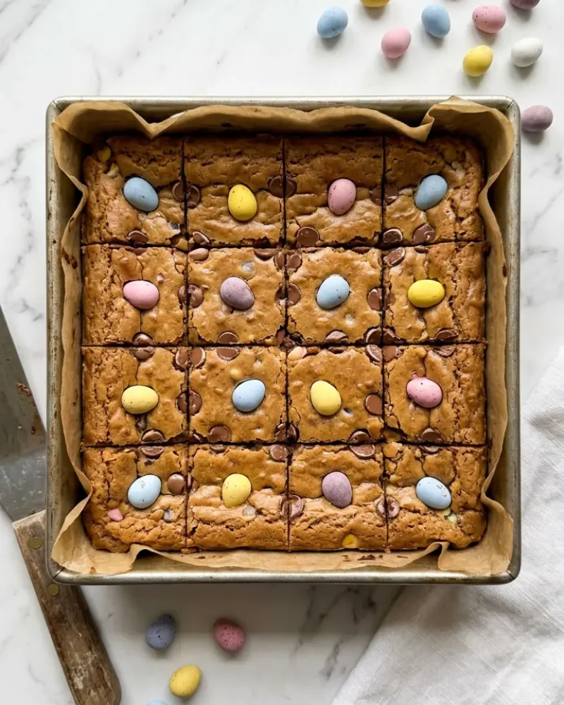 Overhead view of a full batch of Easter Cadbury Mini Egg Blondies cut into squares in the baking pan