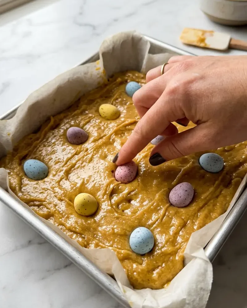 Cadbury Mini Eggs being pressed into golden blondie batter in a parchment-lined baking pan