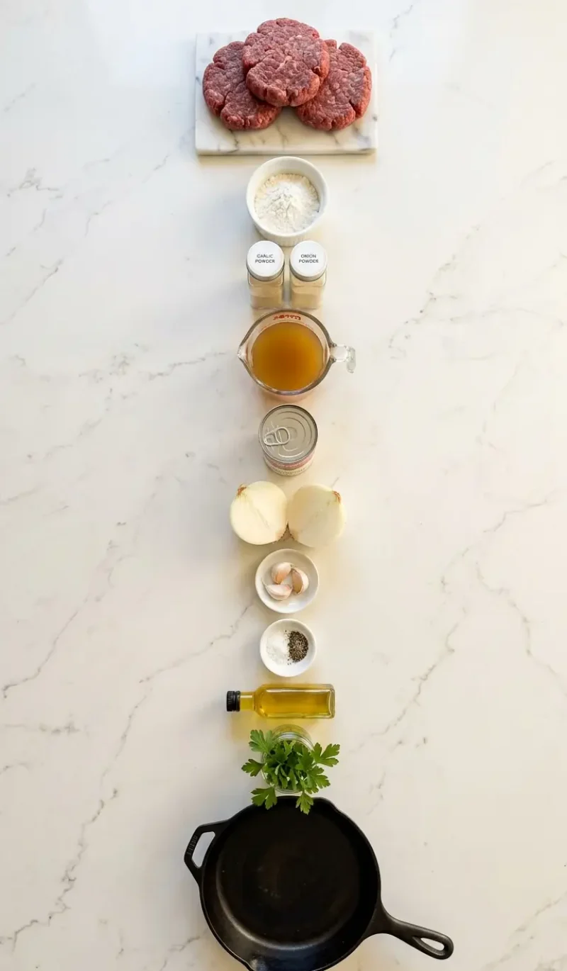 Exploded view of all 11 ingredients for Easy Amish Hamburger Steak Bake arranged vertically on white marble