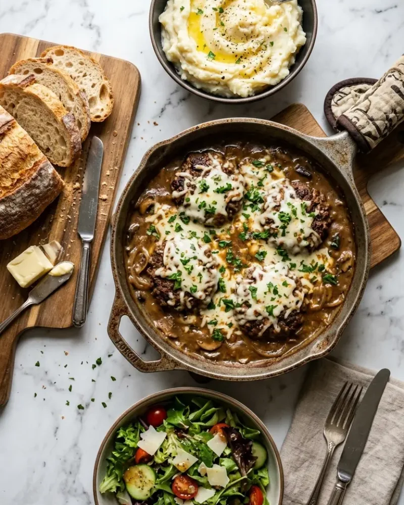 Overhead view of Easy Amish Hamburger Steak Bake complete dinner setting with sides and bread