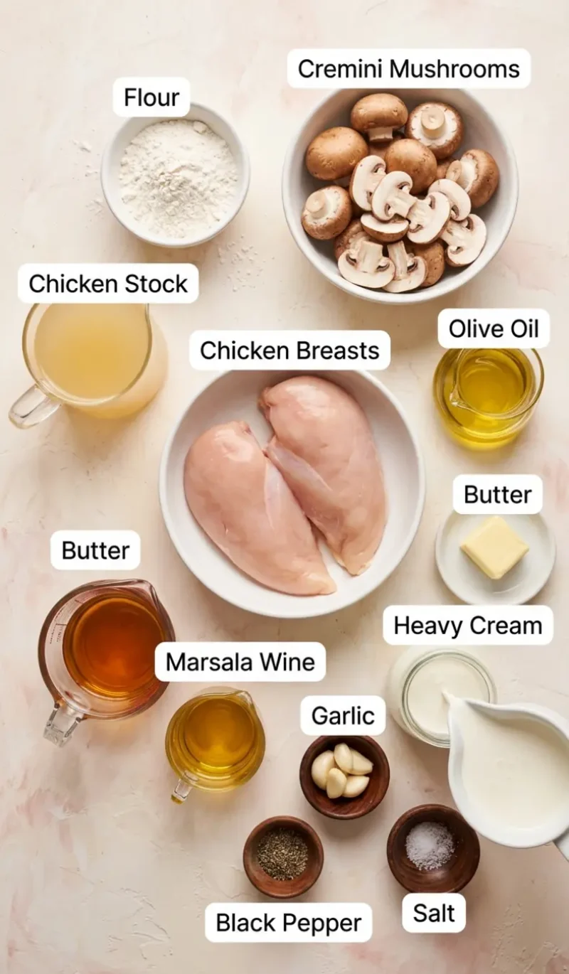 11 labelled ingredients for easy chicken marsala arranged overhead on a cream and blush plaster surface
