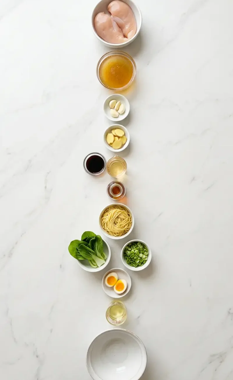 Exploded view of all 13 ingredients for easy chicken ramen arranged vertically on white marble