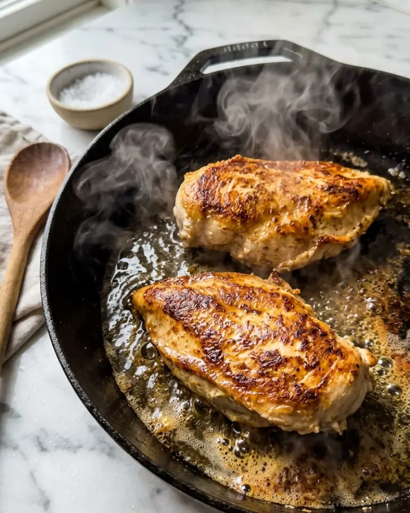 Chicken breasts searing in a pot with golden crust forming