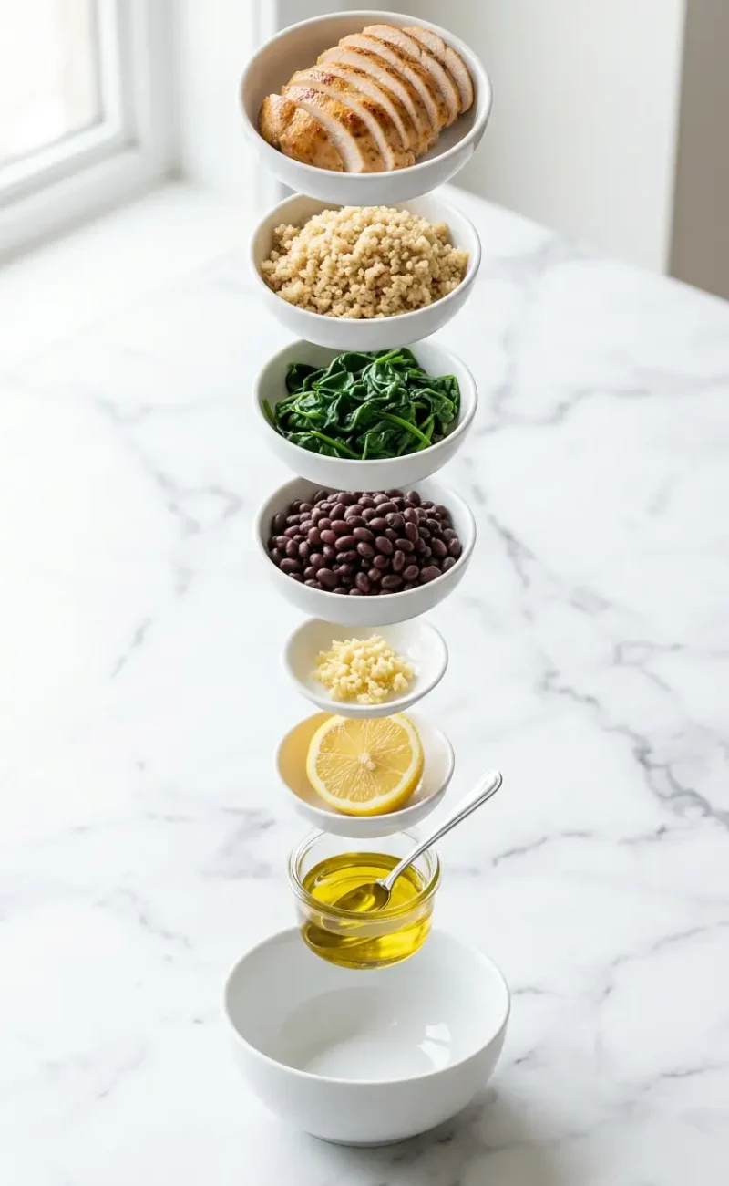 Exploded view of all ingredients for easy clean high-protein meal arranged vertically