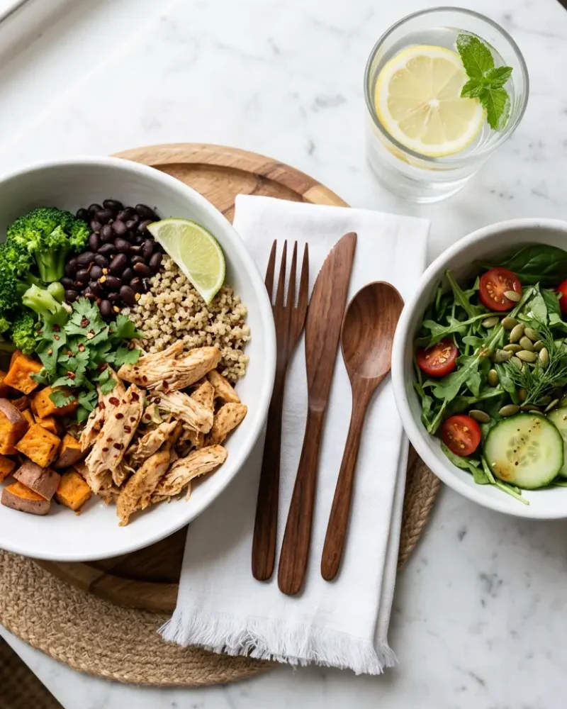 Overhead view of easy clean high-protein meal served with salad and complete place setting
