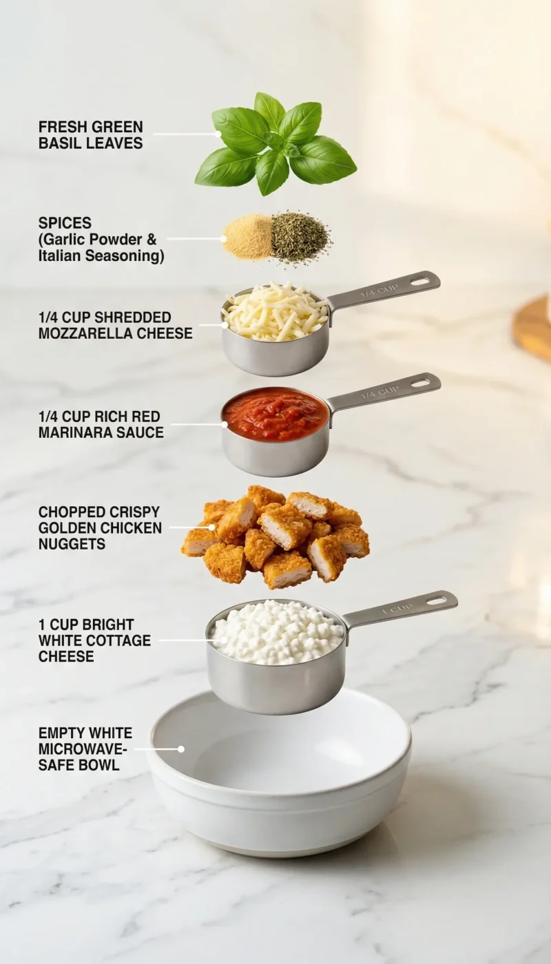 Exploded view showing 7 ingredients for cottage cheese chicken parm bowl hovering above an empty ceramic bowl.