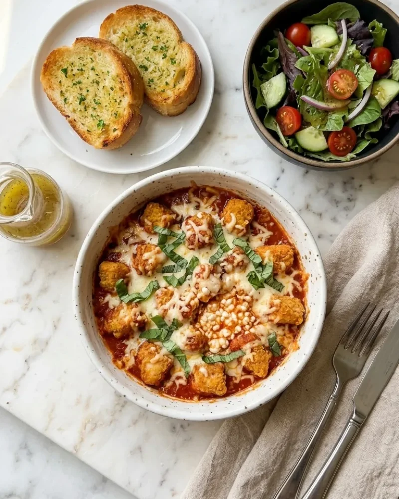 Overhead view of a cottage cheese chicken parm bowl served with toasted garlic bread and a side salad.