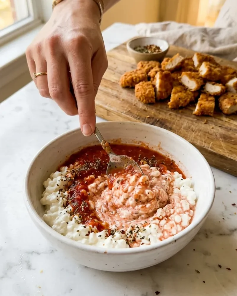 Mixing marinara sauce into cottage cheese in a ceramic bowl with chopped crispy chicken in the background.