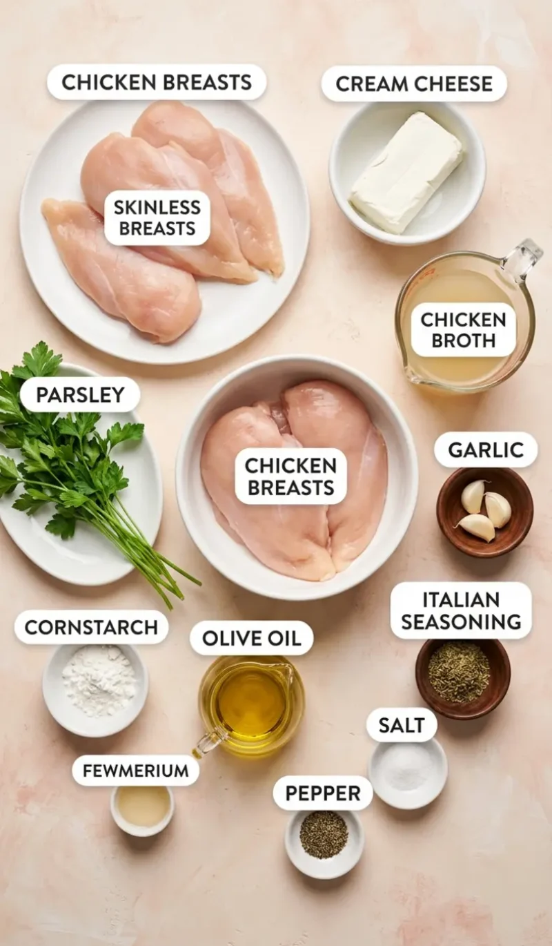 Labelled overhead flatlay of all 10 ingredients for easy cream cheese chicken on a cream and blush plaster surface, each ingredient named
