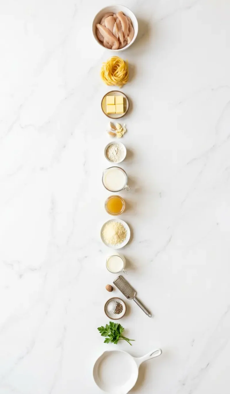 Exploded view of all 12 ingredients for Easy Dinner Chicken Alfredo arranged vertically on white marble