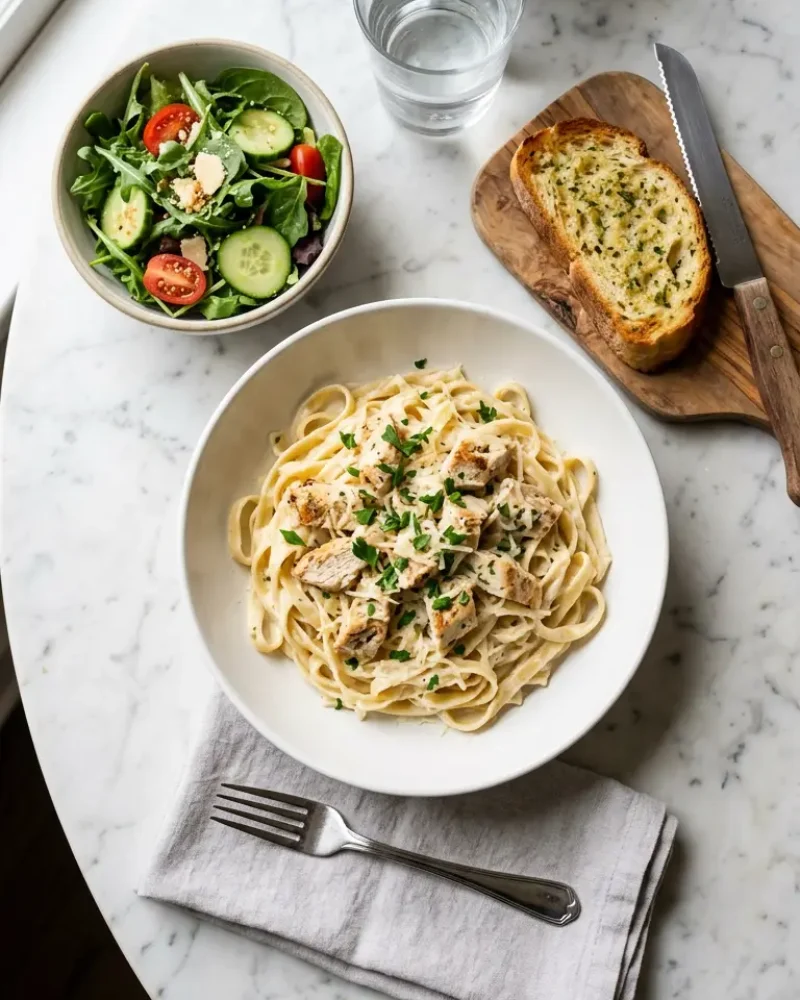 Overhead view of Easy Dinner Chicken Alfredo served with a green salad and garlic bread