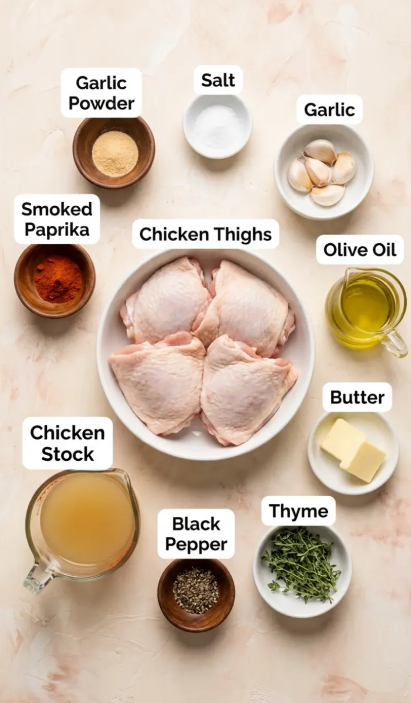 all 10 ingredients for easy skillet chicken thighs arranged on a cream and blush plaster surface