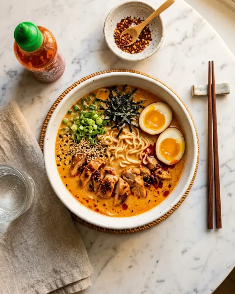 Overhead view of finished fiery chicken ramen with chopsticks and garnishes