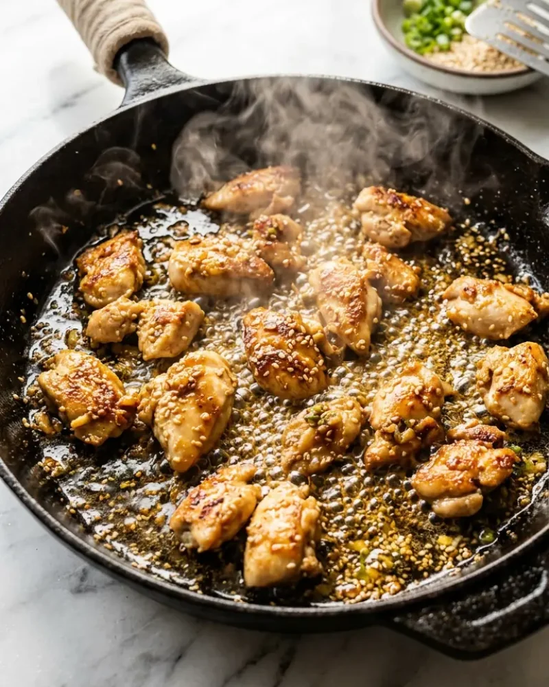 Chicken sizzling in sesame oil during fiery chicken ramen preparation