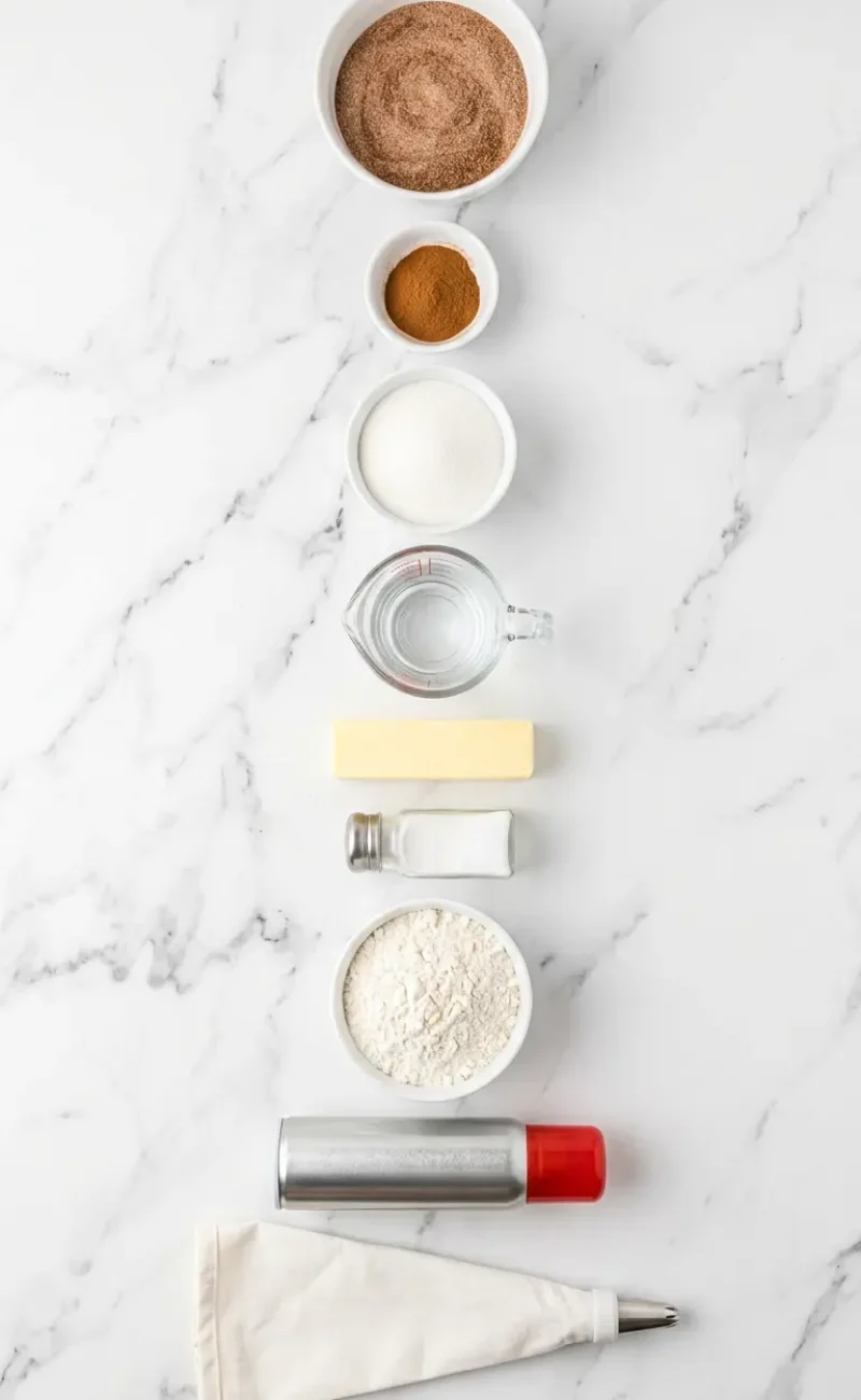 Exploded view of all ingredients for fluffy air fryer churro bites arranged vertically
