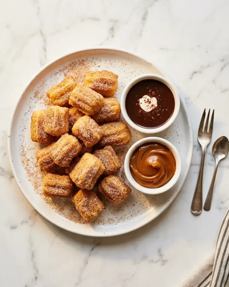 Overhead view of fluffy air fryer churro bites with chocolate and dulce de leche dipping sauces