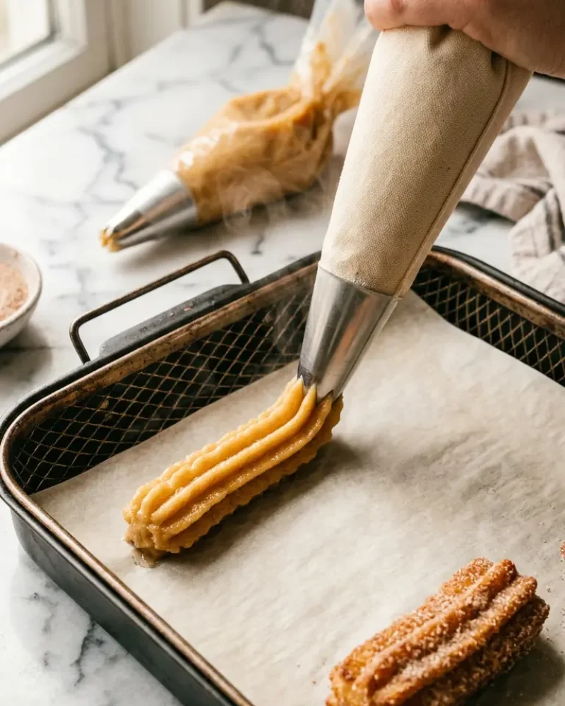 Piping churro dough from star tip onto parchment paper in air fryer basket