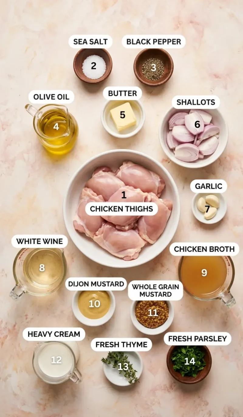all 14 ingredients for French Mustard Chicken (Poulet a la Moutarde) arranged on a cream and blush plaster surface
