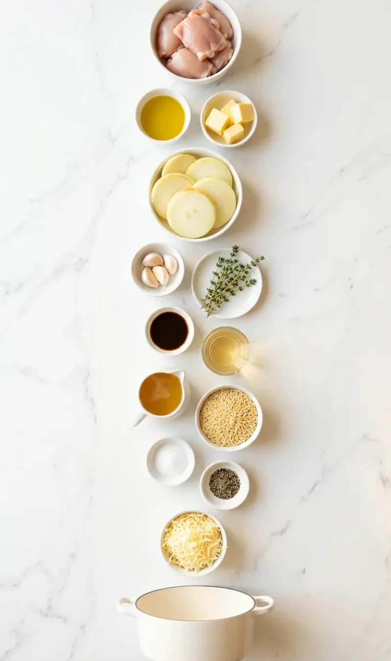 Exploded view of all 14 ingredients for French Onion Chicken Orzo Casserole arranged vertically on white marble