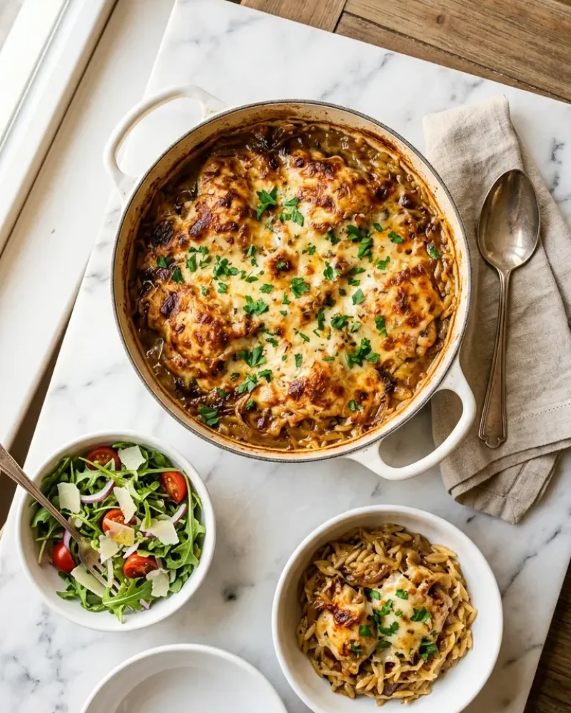 Overhead view of French Onion Chicken Orzo Casserole served in white Dutch oven with side salad